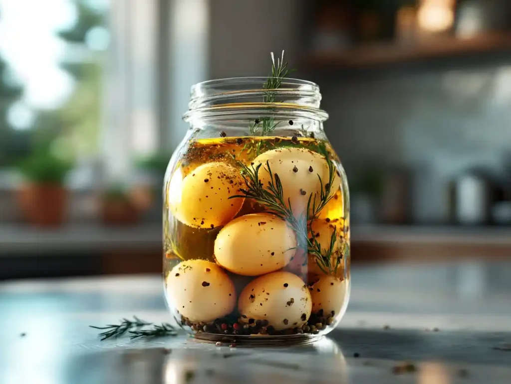 A jar of pickled eggs submerged in a clear vinegar brine with spices, placed on a kitchen counter.