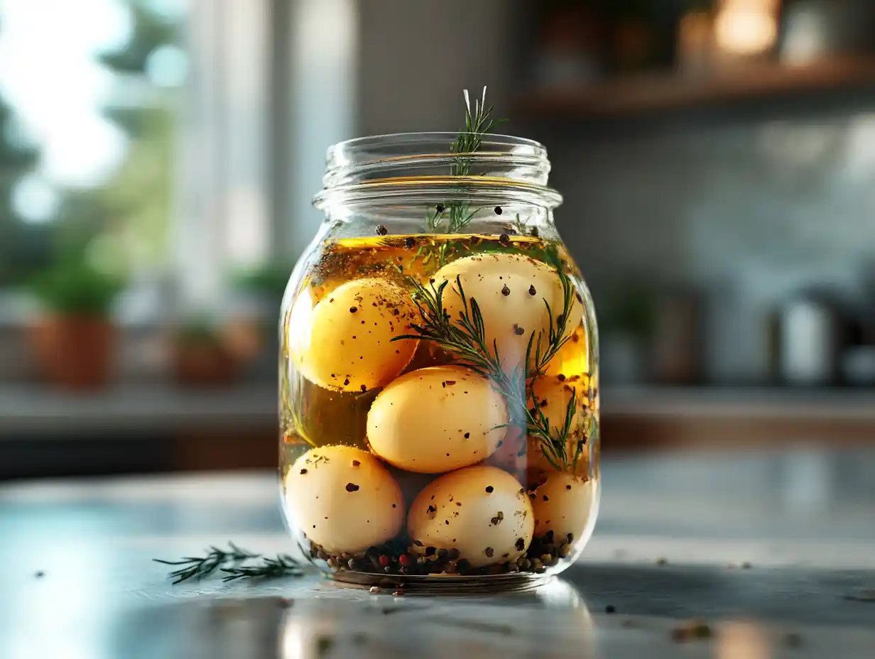 A jar of pickled eggs submerged in a clear vinegar brine with spices, placed on a kitchen counter.