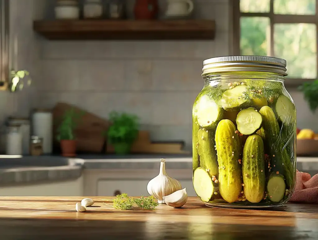 A jar of homemade Claussen-style dill pickles on a kitchen counter.