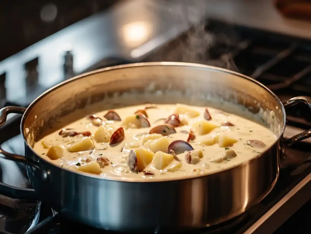 Pot of chowder cooking on the stove.