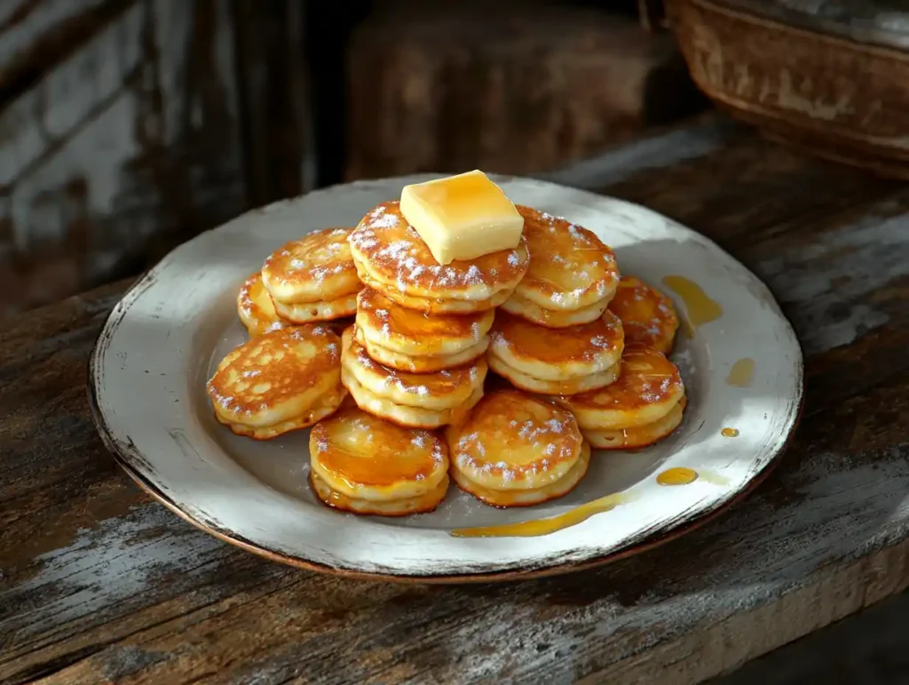 A stack of golden mini pancakes on a white plate topped with butter and syrup.