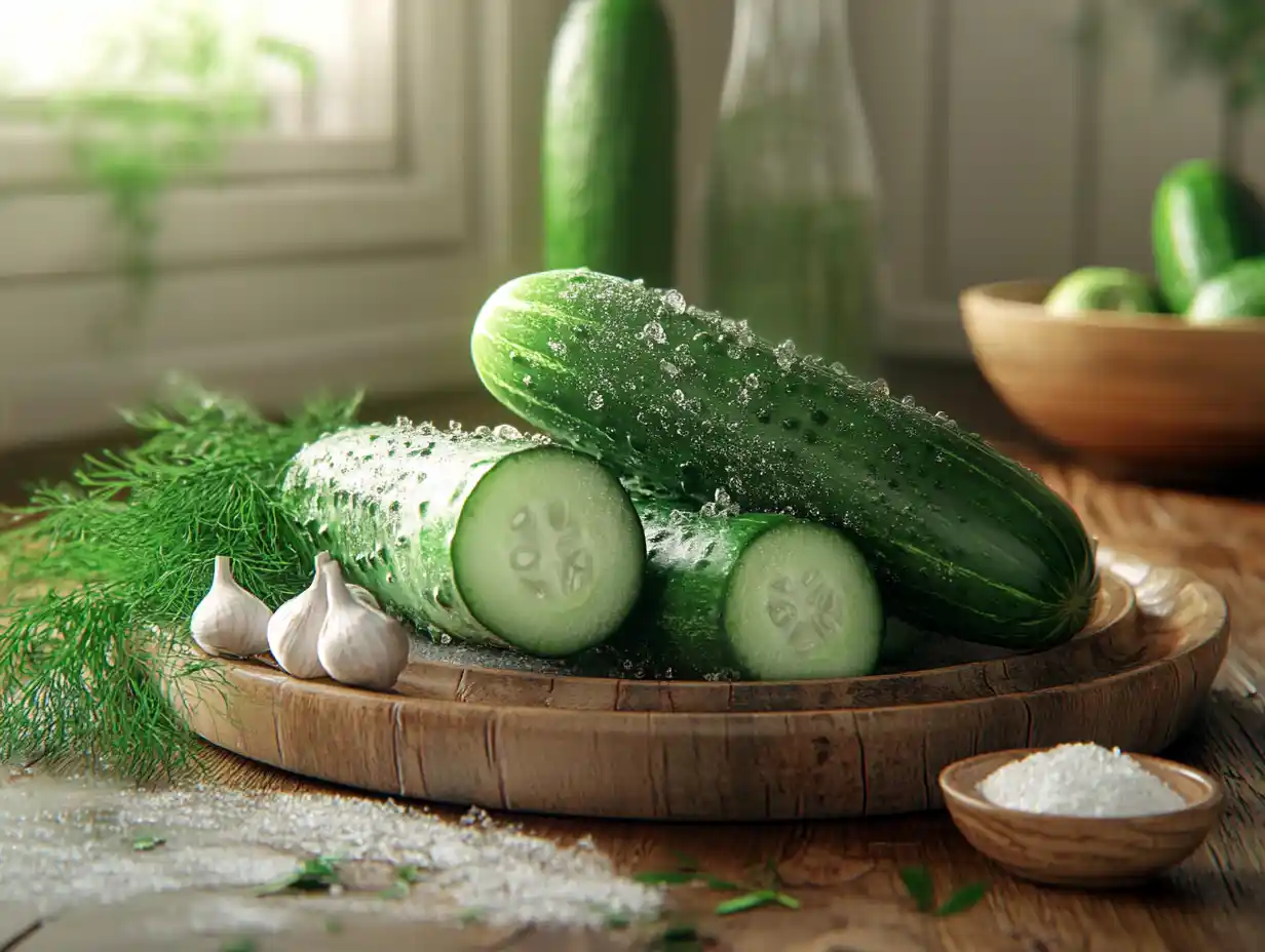 Fresh cucumbers and dill on a kitchen counter.