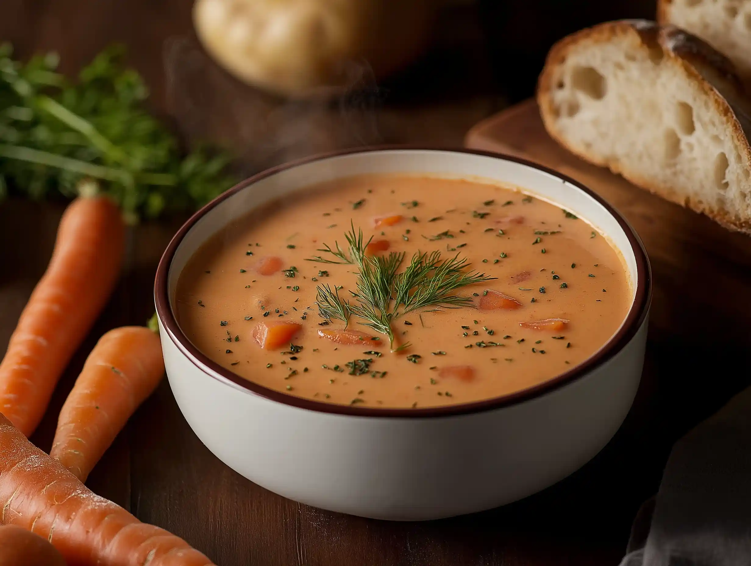 A steaming bowl of salmon soup with vegetables.