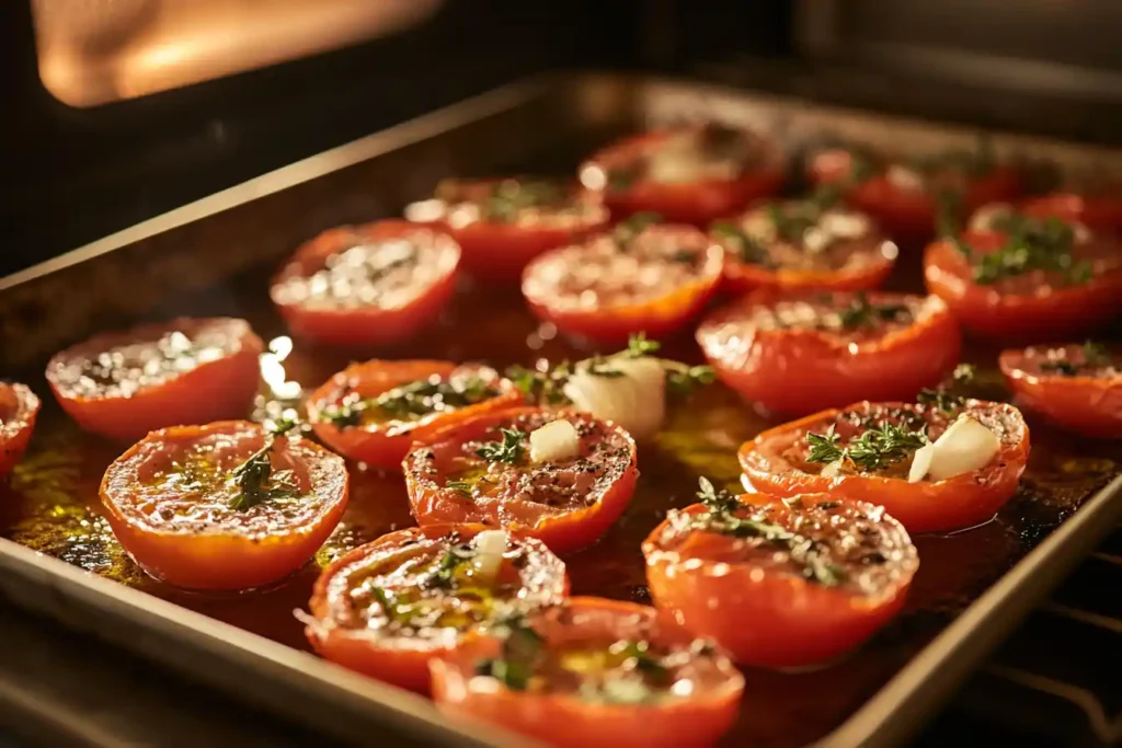 Fresh tomatoes seasoned with olive oil and herbs, prepared for roasting in the oven.