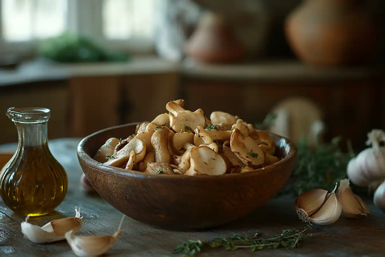 Fresh Hen of the Woods mushrooms with cooking ingredients.