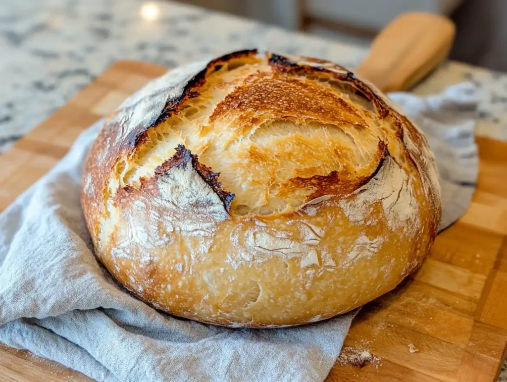 A loaf of fresh sourdough bread on a wooden cutting board.
