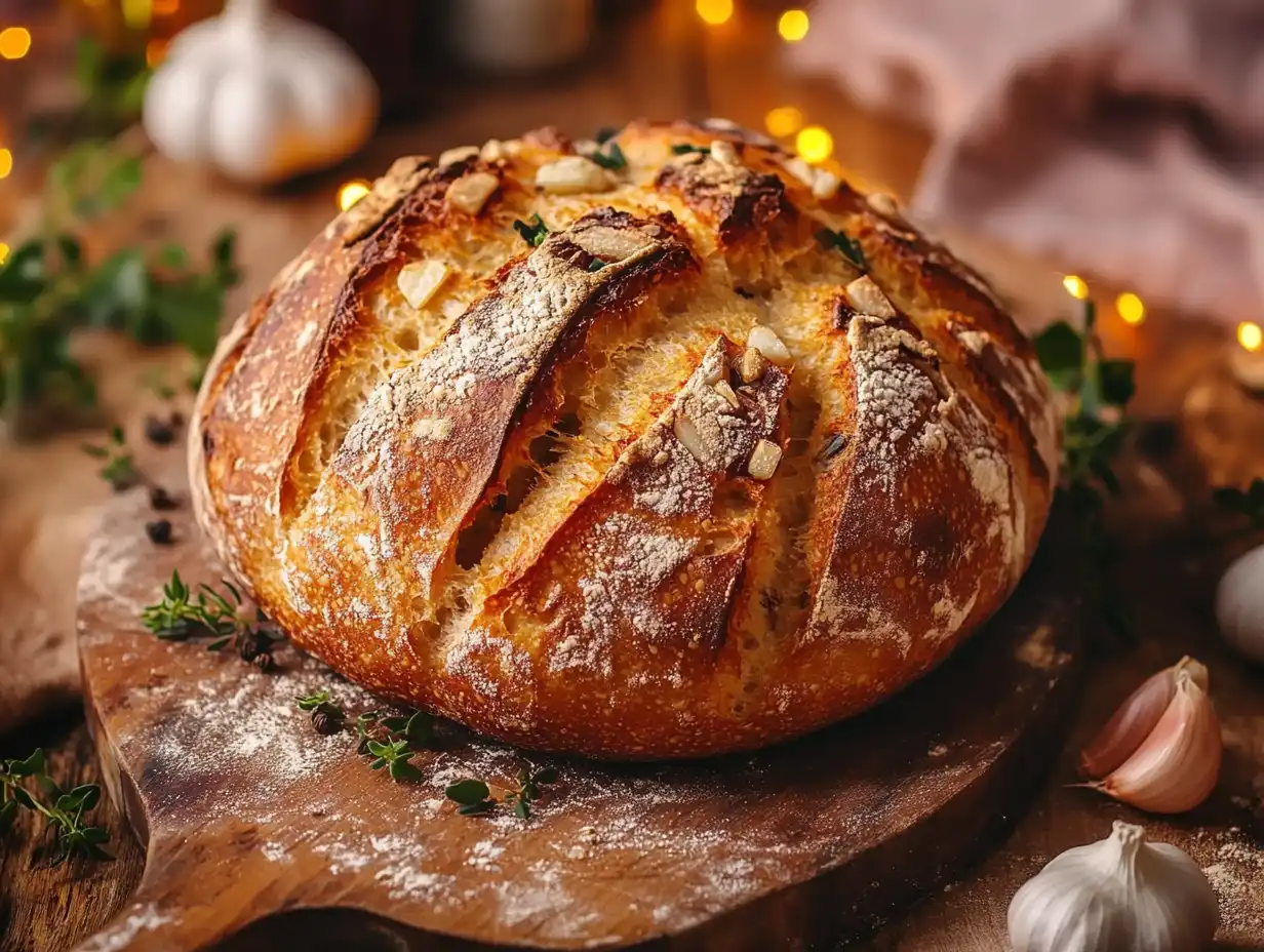 Rustic loaf of sourdough garlic bread with golden crust.