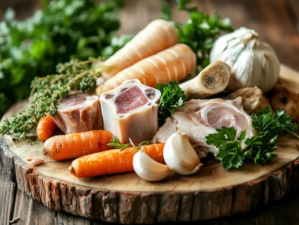 A collection of beef, chicken, pork, and fish bones displayed on a wooden cutting board with herbs and spices around.