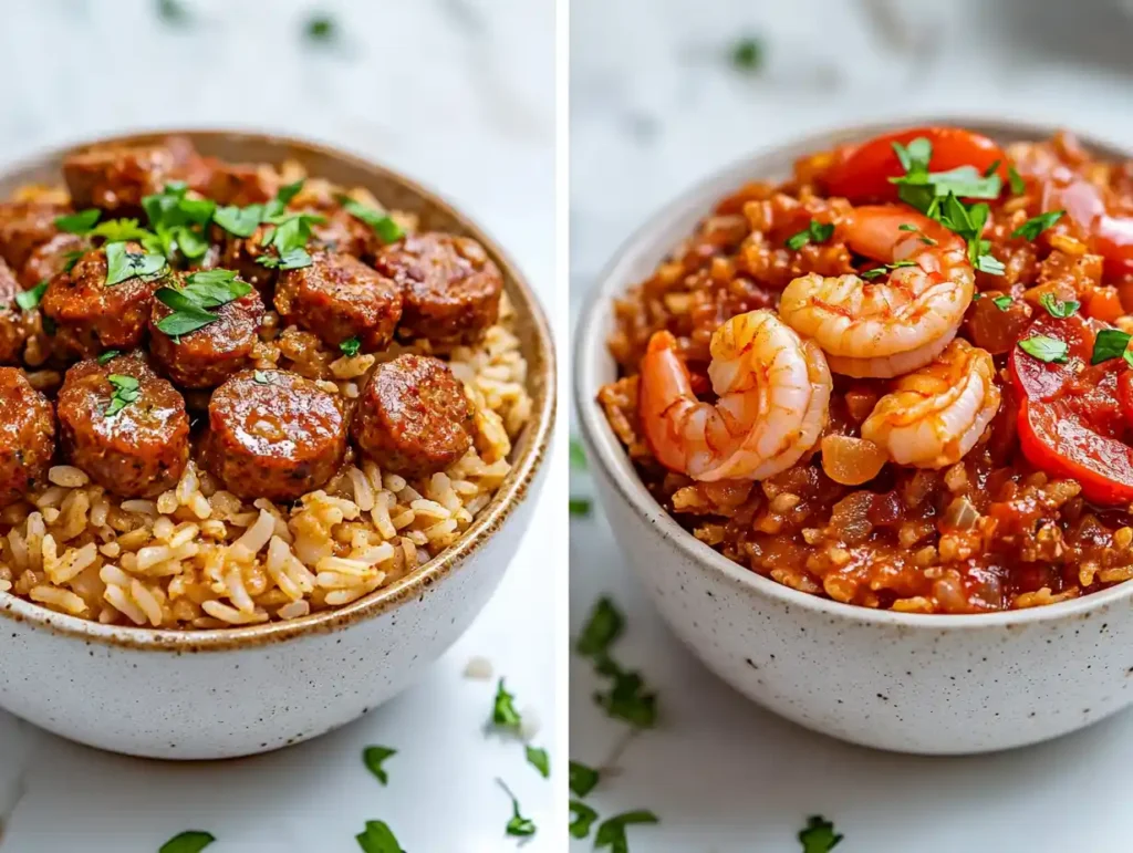 A bowl of Cajun jambalaya with smoky, browned meats and ric