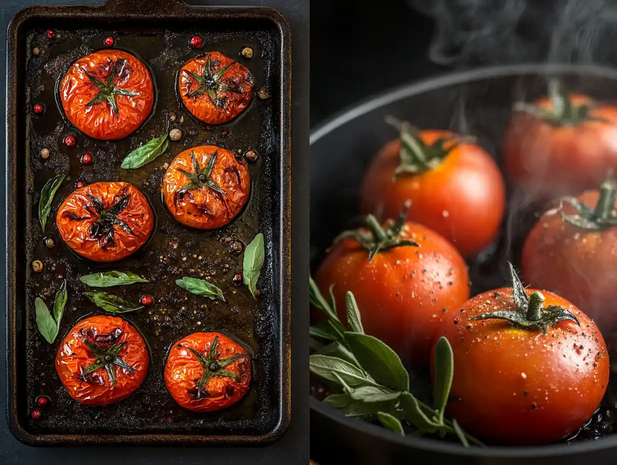 A comparison of roasted and boiled tomatoes for sauce.