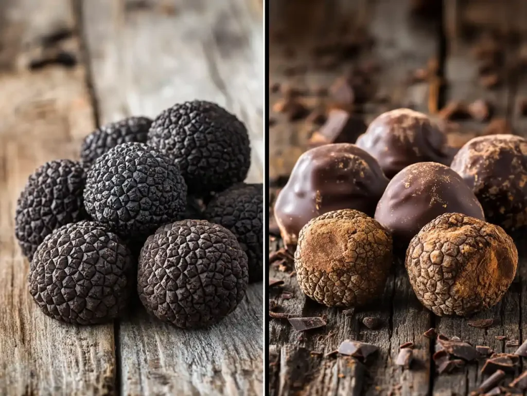A comparison of real truffles and chocolate truffles placed side by side on a wooden table.