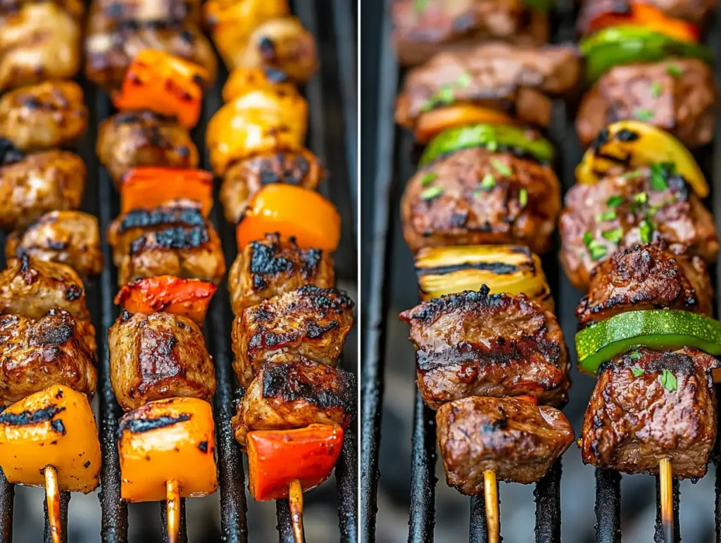 Skewers and kabobs grilling with vegetables and meats.