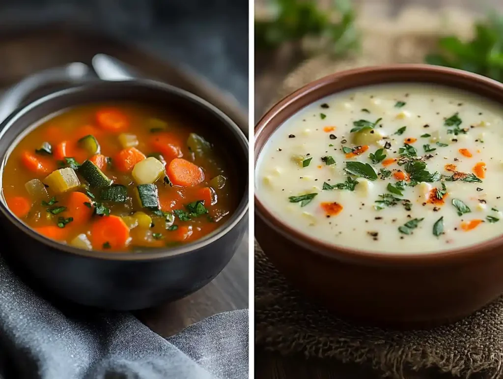 A side-by-side comparison of vegetable soup and chowder in bowls.