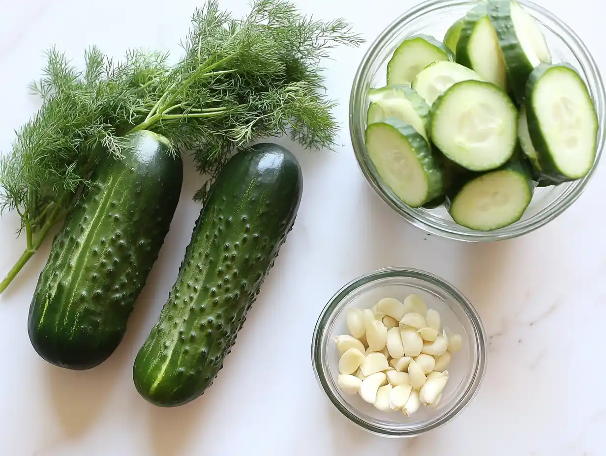 A jar of Claussen pickles on a white surface with fresh cucumbers around it.