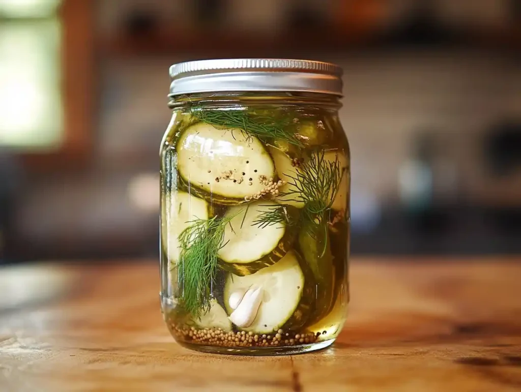 A jar of fermented pickles with brine and floating dill.