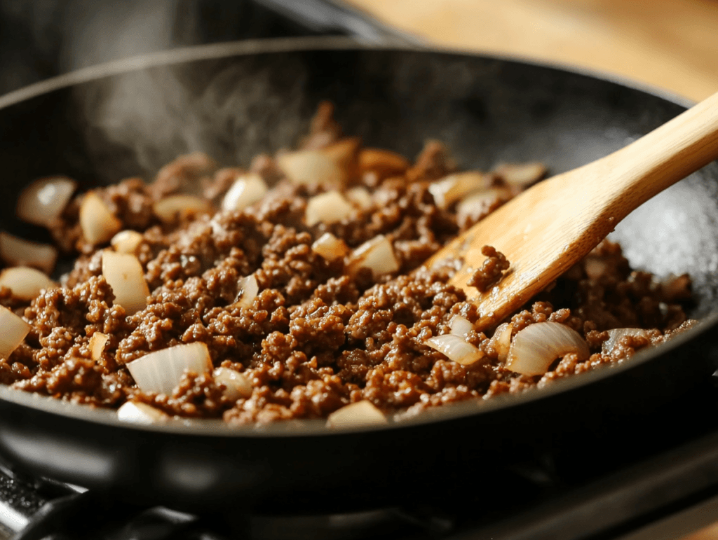 Ground beef being browned in a skillet with onions and garlic.