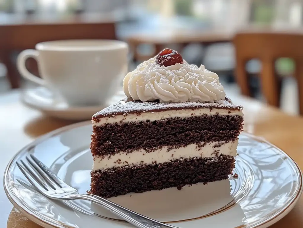 Slice of Black Forest Cake served with coffee.