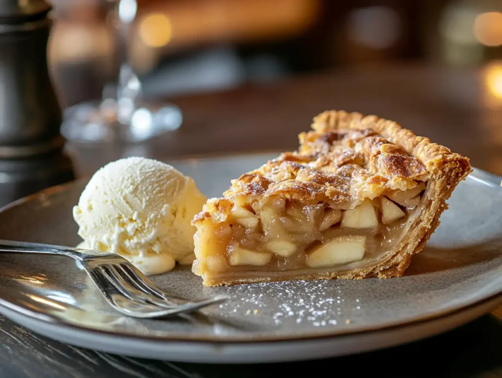 A slice of French apple pie served with vanilla ice cream.