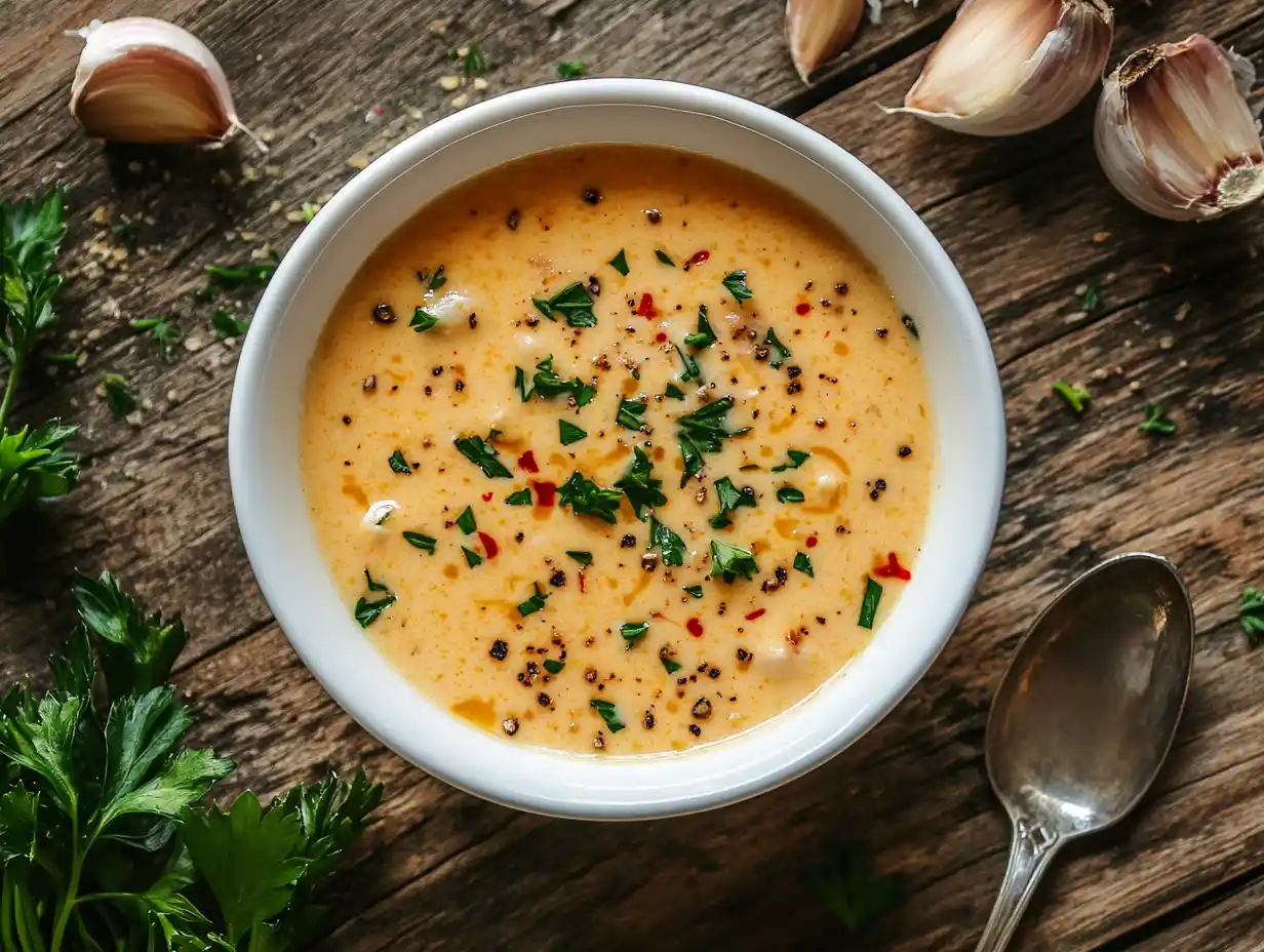 A bowl of garlic butter sauce surrounded by fresh garlic cloves and parsley.