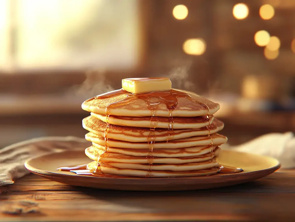 Fluffy restaurant-style pancakes topped with syrup and butter.