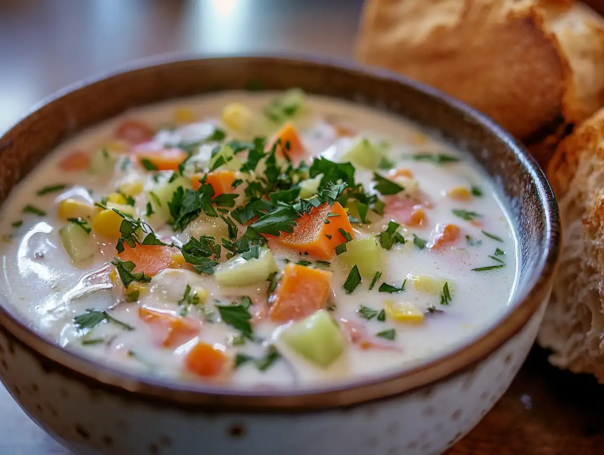 A steaming bowl of vegetable chowder garnished with fresh parsley, served with crusty bread on a rustic wooden table.