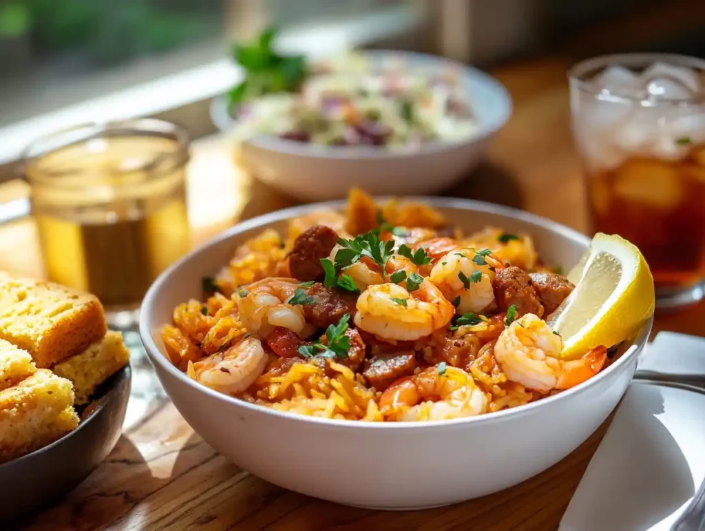 A steaming bowl of jambalaya with sausage, shrimp, and rice, surrounded by garnishes and side dishes.