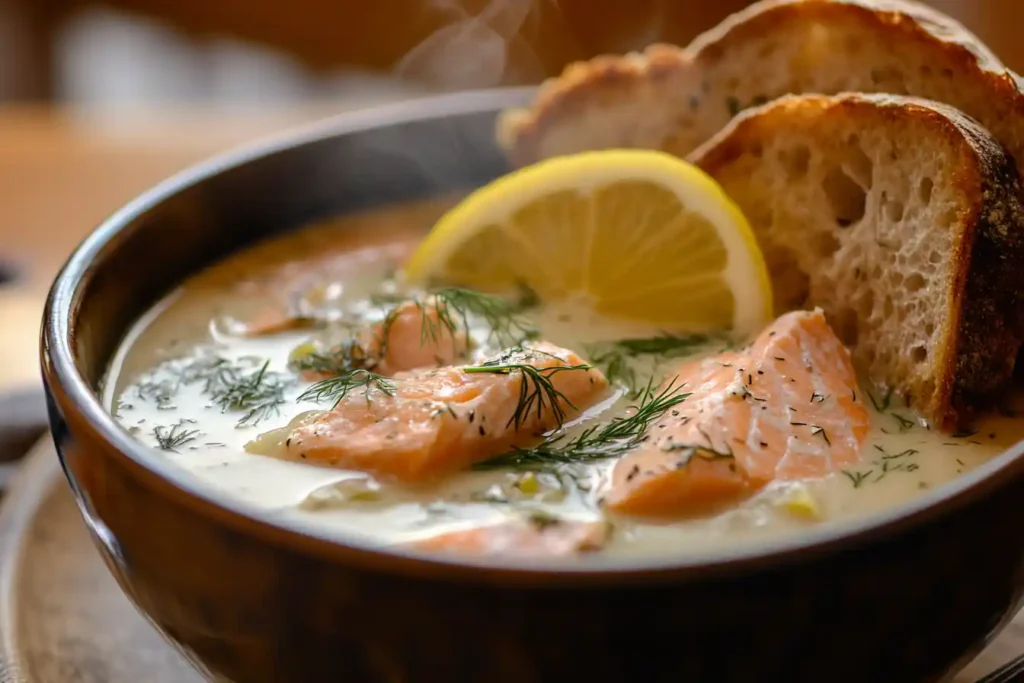 A bowl of salmon soup with herbs and lemon.