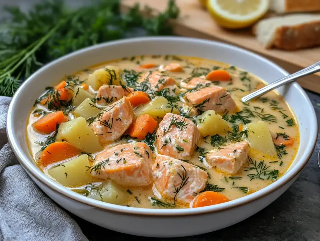 A bowl of creamy salmon soup with vegetables and fresh herbs.