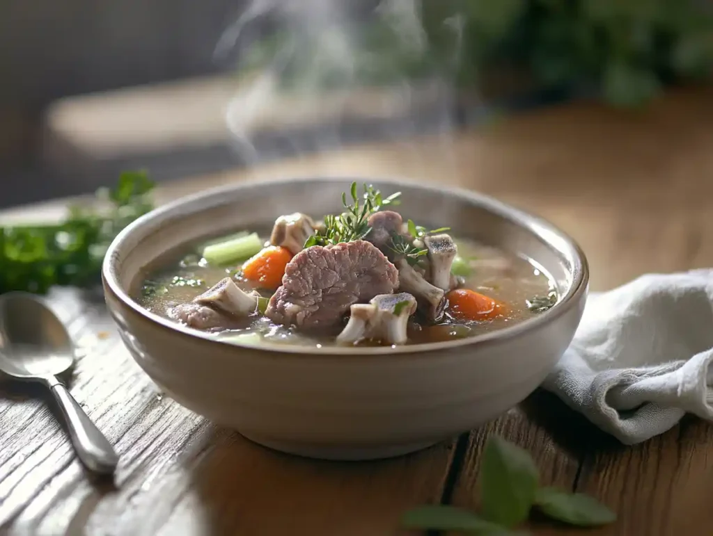 Meat on soup bones with broth and vegetables