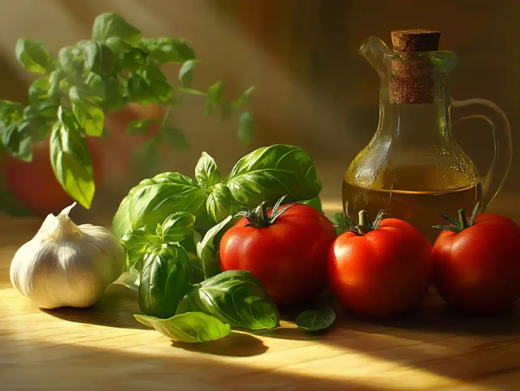 Assortment of fresh and canned tomatoes with basil leaves.