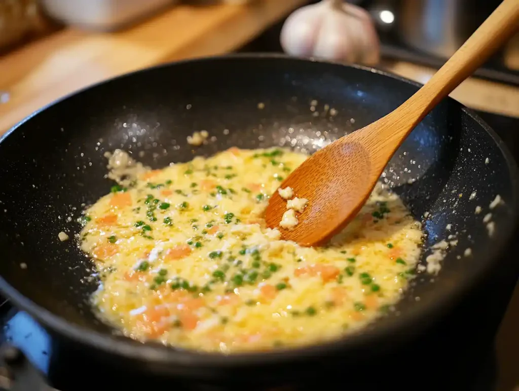 Garlic being sautéed in melted butter in a pan.