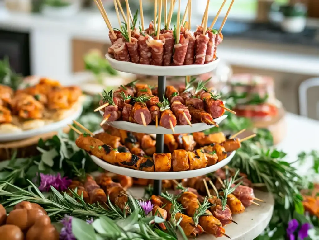 Skewers displayed on an elegant tiered tray.