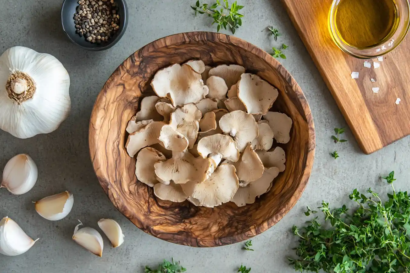 Fresh Maitake mushrooms with cooking ingredients.