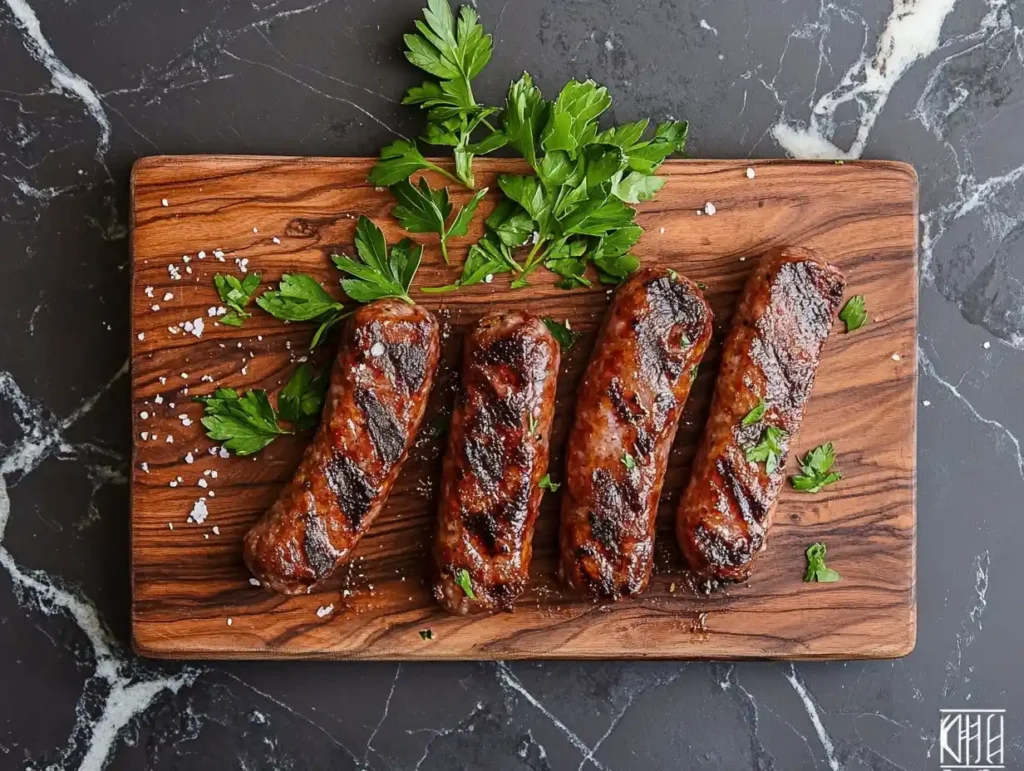 Various meats like bacon, sausage, and ham arranged on a cutting board.