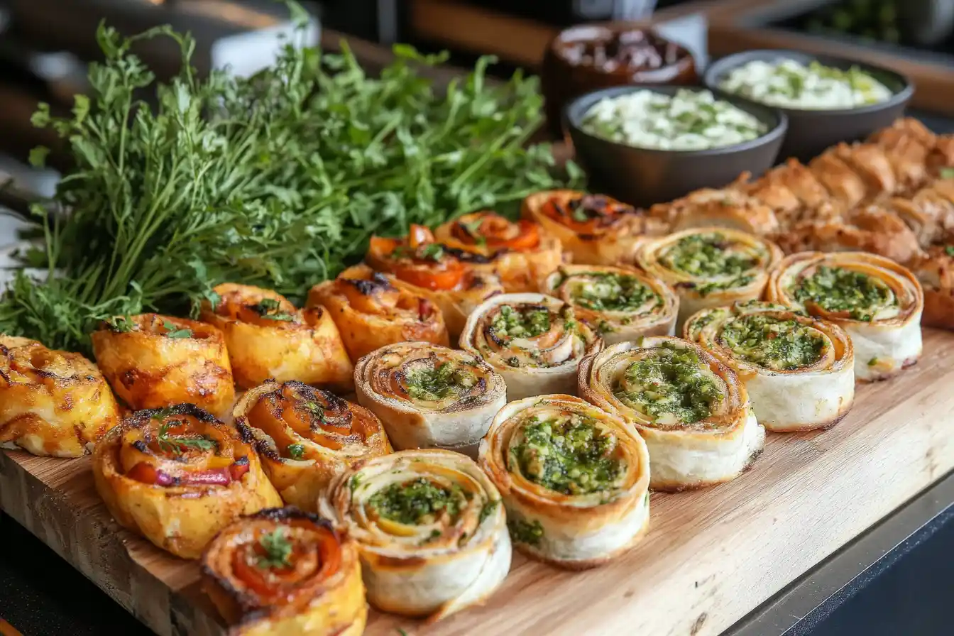 A plate of savory and sweet pinwheels arranged for serving.