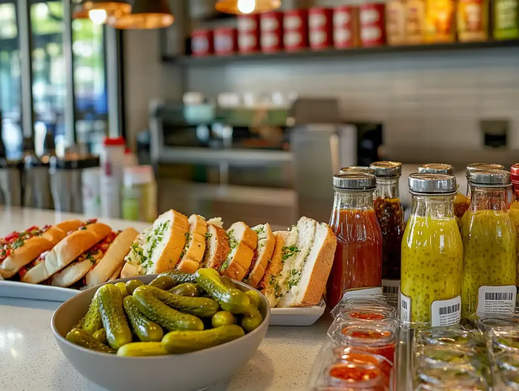 A Jewish deli counter showcasing kosher dill pickles in a vibrant setting