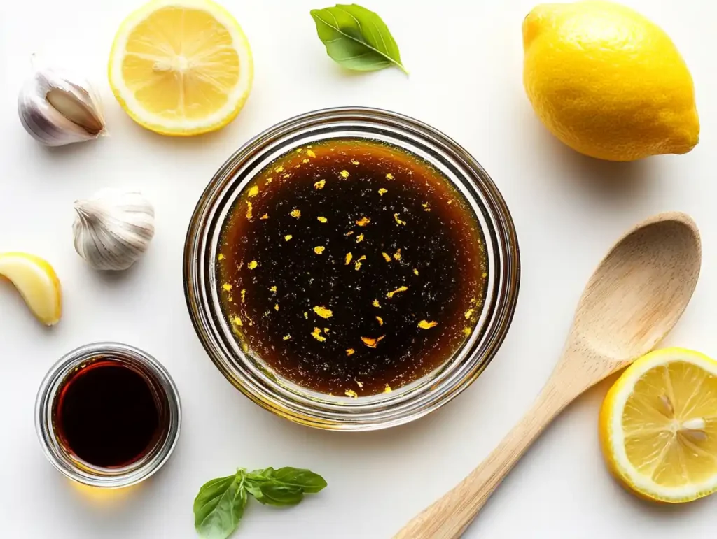 Modern and vibrant honey glaze sauce in a bowl with ingredients around it