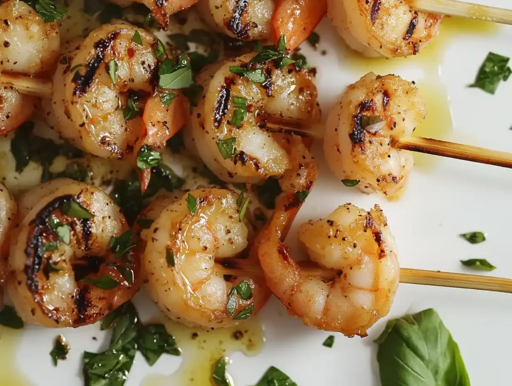 Modern grilled shrimp skewers brushed with olive oil and herbs