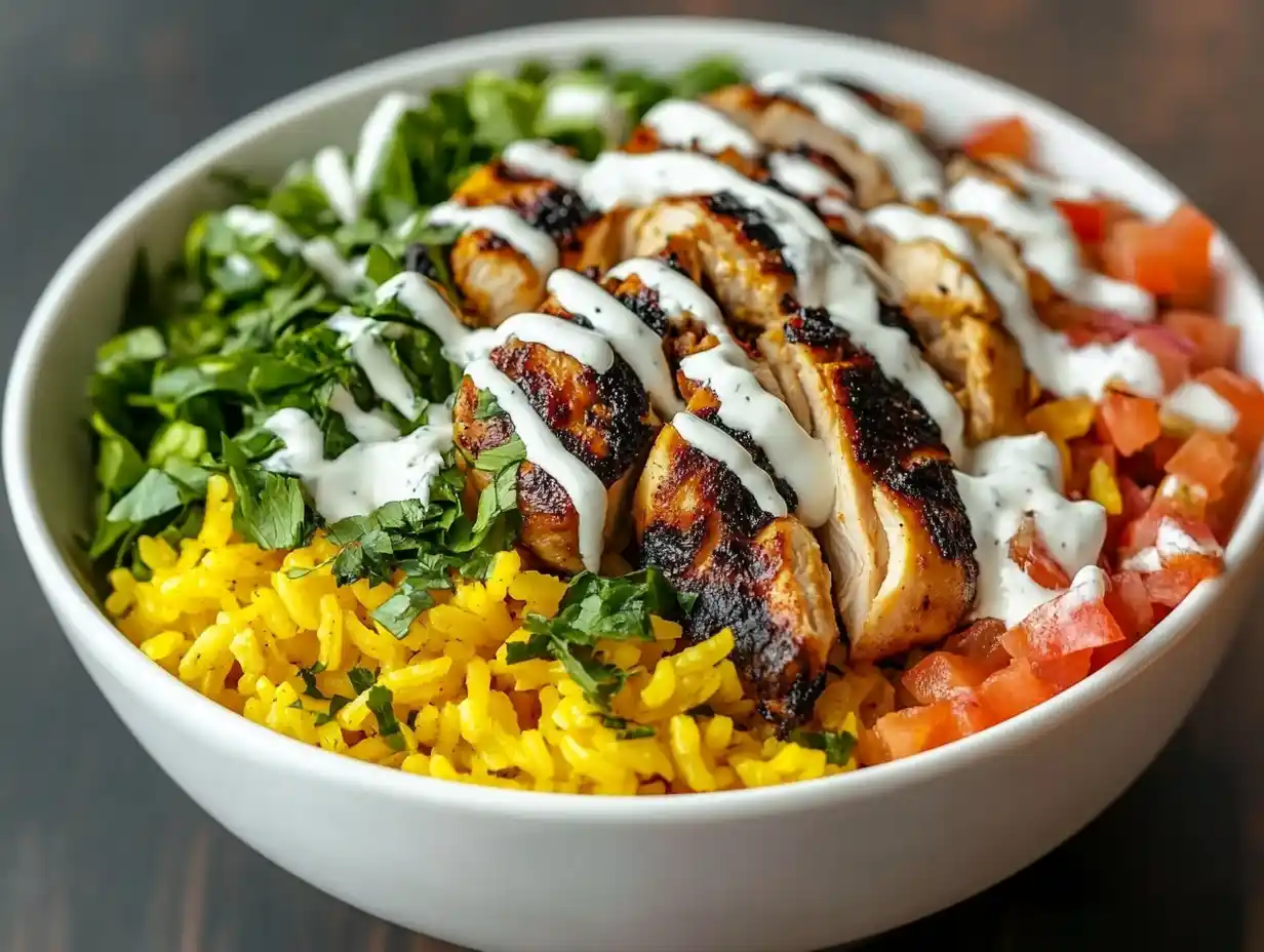 A vibrant bowl of chicken over rice with fresh salad and white sauce drizzle