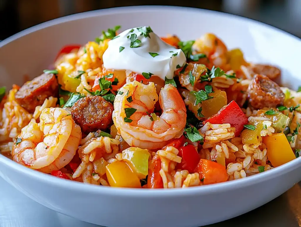 A vibrant bowl of jambalaya with colorful vegetables and a dollop of sour cream