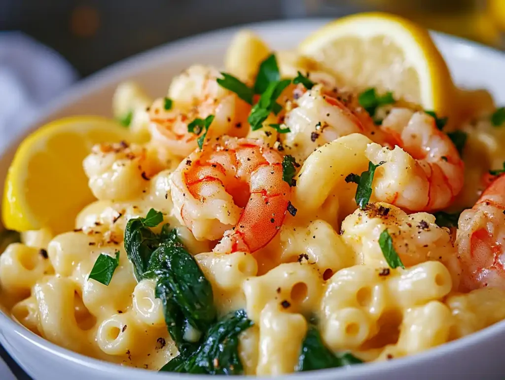 Shrimp and spinach mac and cheese served with a slice of lemon.