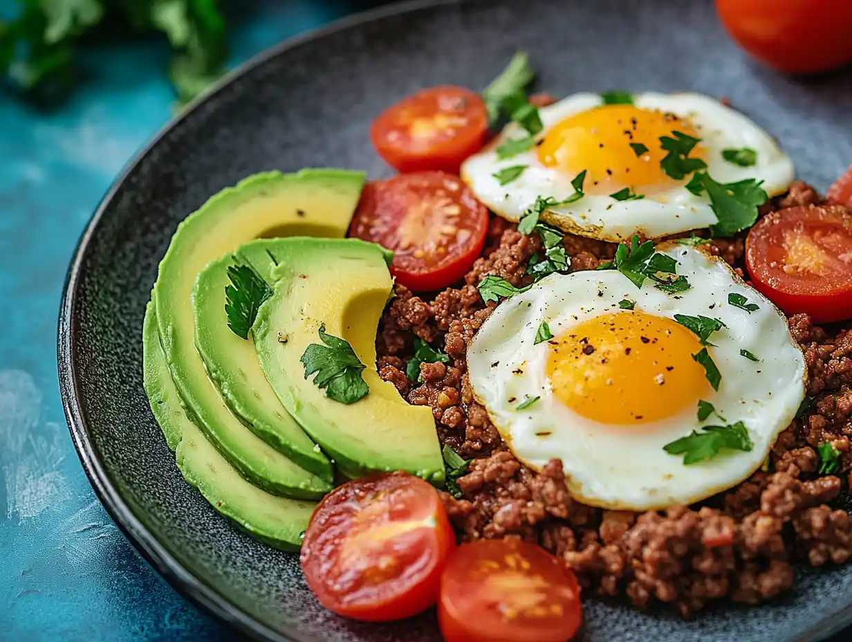 A delicious plate featuring ground beef and eggs with fresh vegetables