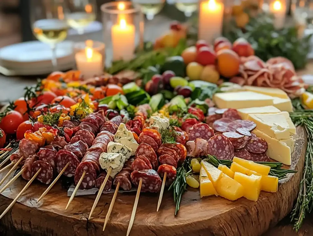 Colorful charcuterie skewers with meats, cheeses, and fruits on a party table.