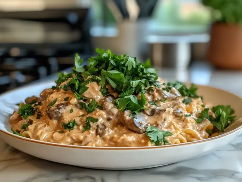 Healthy beef stroganoff served on a white plate with parsley garnish.
