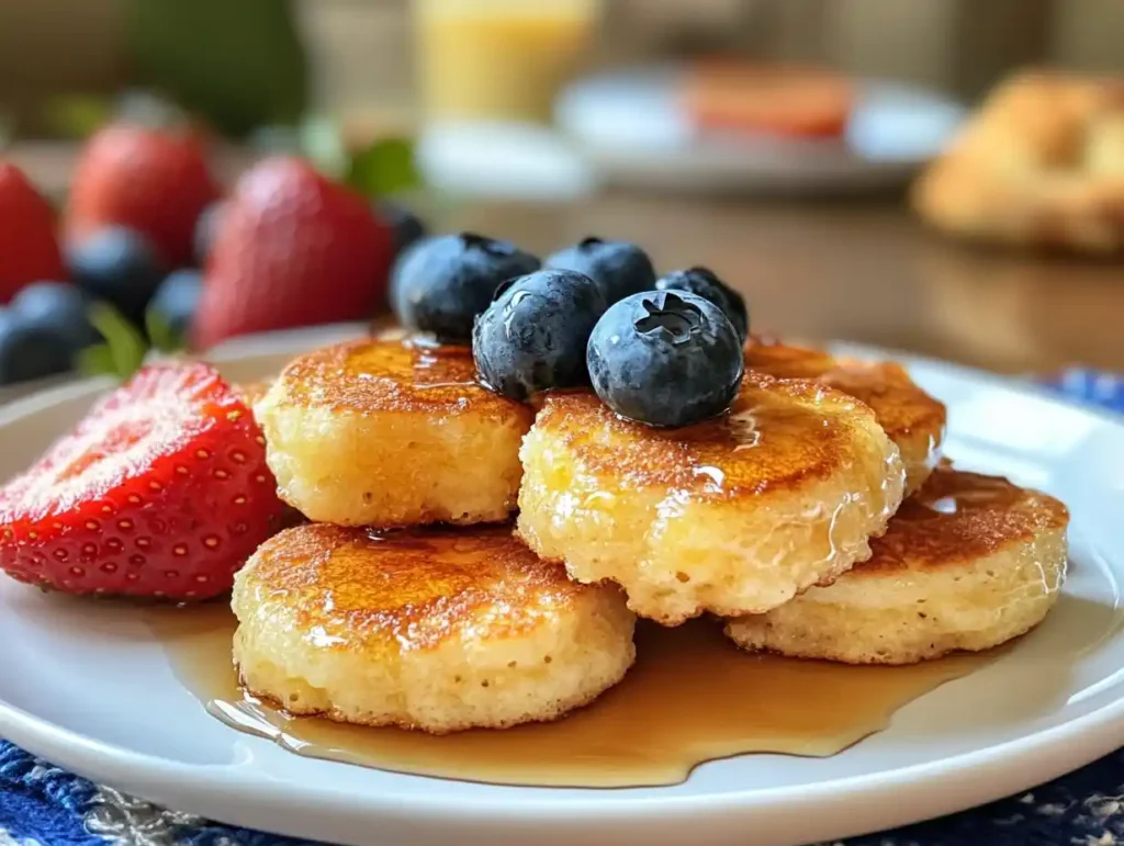 A stack of mini pancakes topped with syrup and berries.