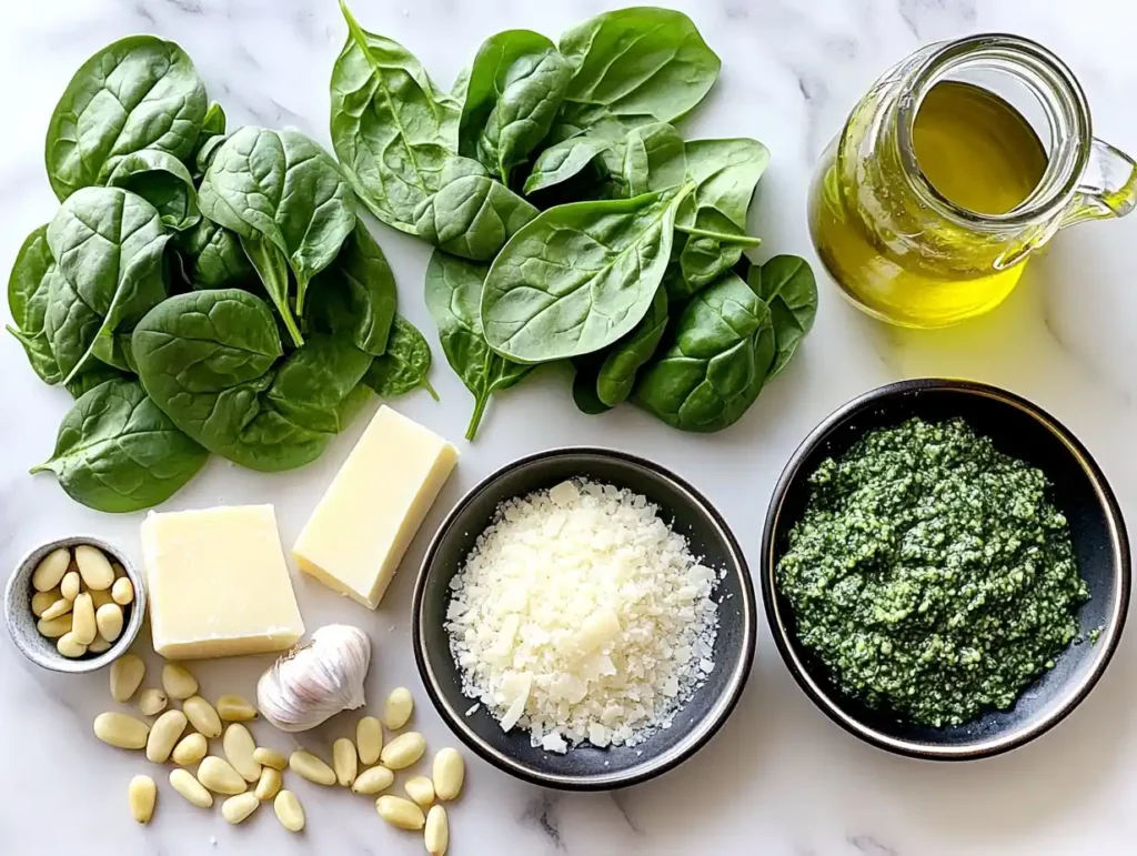 Ingredients for homemade spinach pesto.