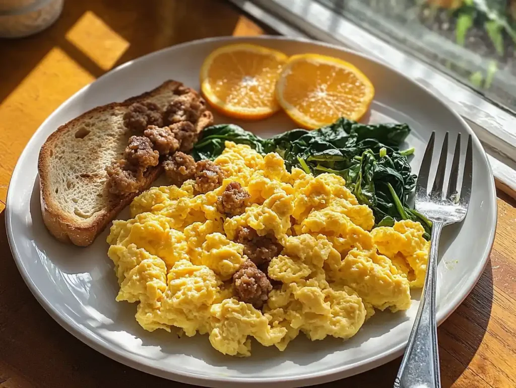 A plate of scrambled eggs with sausage, spinach, and toast.