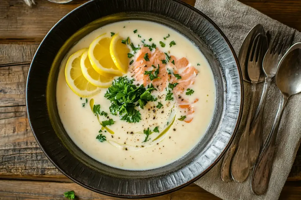 Salmon soup served with cream and garnishes on a rustic table.