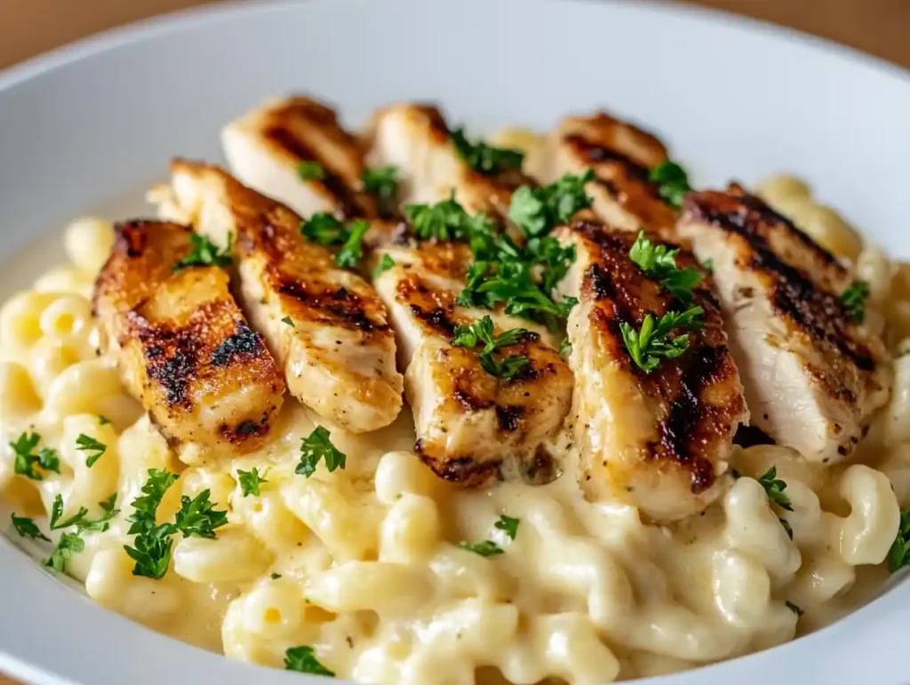 A serving of mac and cheese with grilled chicken slices on a white plate.