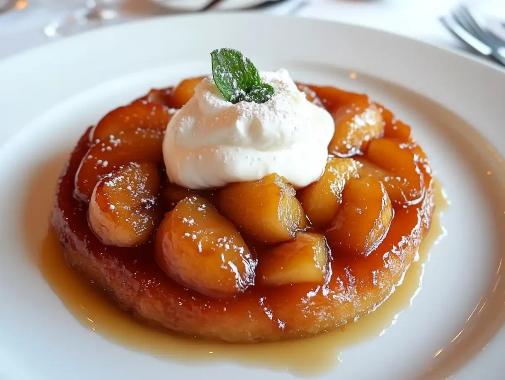 A Tarte Tatin served with whipped cream on a white plate.